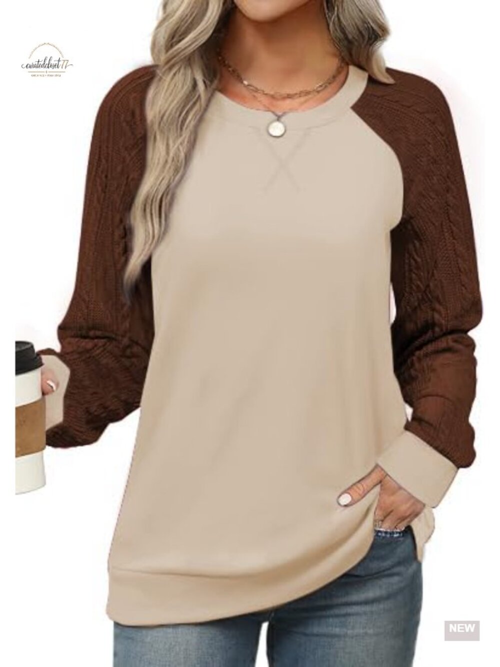 Womens Crewneck Sweatshirt Cable Knit Sleeve Pullover Fall Winter Outfit